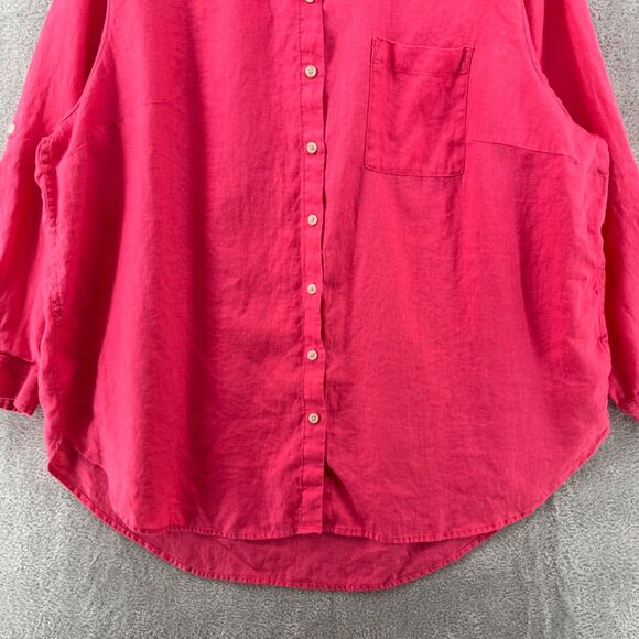 Lands End Shirt Women 2X Orange Linen Button Up Collared Roll Tab Long Sleeve - Picture 4 of 15